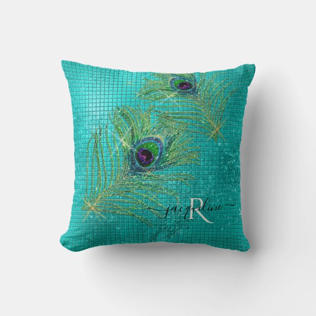 Aqua Glitter Girly Modern Gnistra Peacock Feathers Kudde (Framsida)