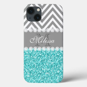 AQUA GLITTER, GRÅTT CHEVRON, MONOGRAMMED