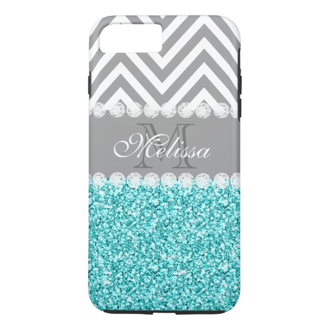 AQUA GLITTER, GRÅTT CHEVRON, MONOGRAMMED Case-Mate iPhone SKAL (Baksida)