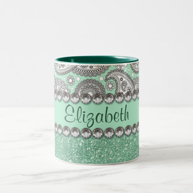Aqua Glitter Paisley Rhinestone Personalize Två-Tonad Mugg (Center)