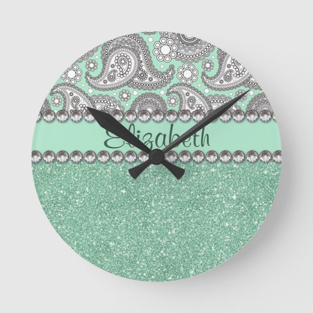 Aqua Glitter Paisley Rhinestone Print Mönster Rund Klocka (Framsida)