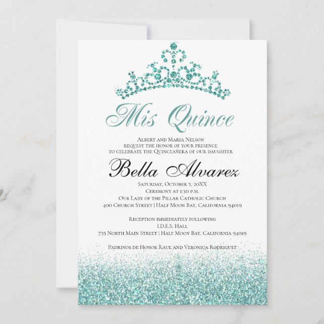 Aqua Glitter Quinceañera-inbjudan till Mis Quince Inbjudningar (Framsida)