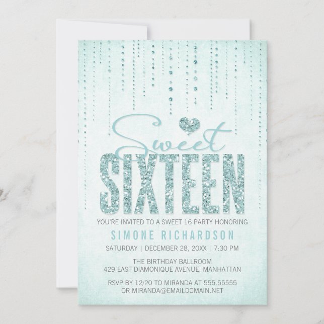 Aqua Glitter Se Sweet 16 (sexton) Party Inbjudningar (Framsida)