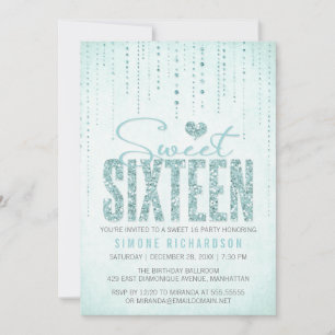 Aqua Glitter Se Sweet 16 (sexton) Party Inbjudningar