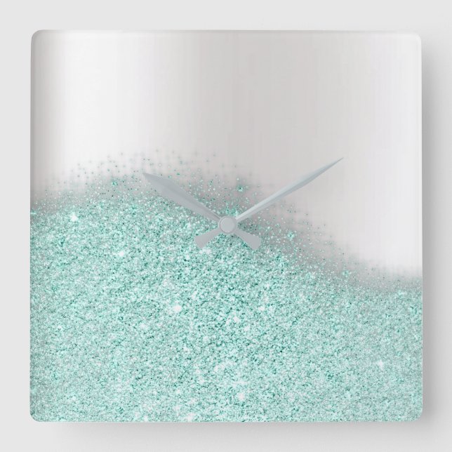 Aqua Glitter Silver Grått  Minimal Metallisk Fyrkantig Klocka (Framsida)