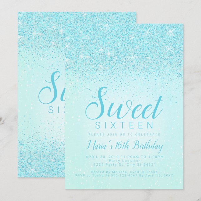 Aqua Glitter, Sweet 16 inbjudningar (Fram/baksida)