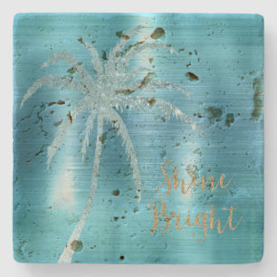 Aqua Glitz Glitter Tropical Handflatan Träd Stenunderlägg