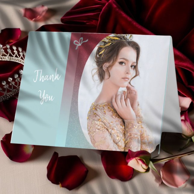 Aqua Glitz Ruby Ombre Tacksamhetskort Tack Kort (﻿﻿Ruby and turquoise ombre colors highlight this pageant thank you card with custom photo and text)