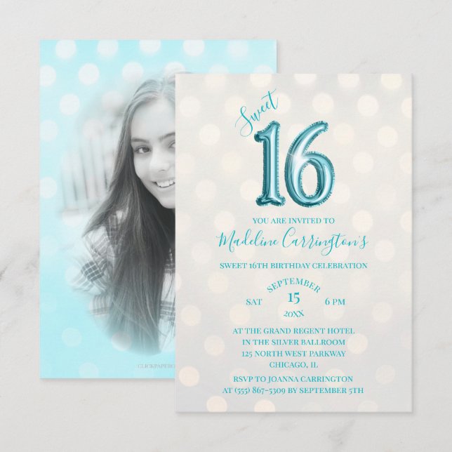 Aqua Gnistra Foil Sweet 16 Birthday Photo Inbjudningar (Fram/baksida)