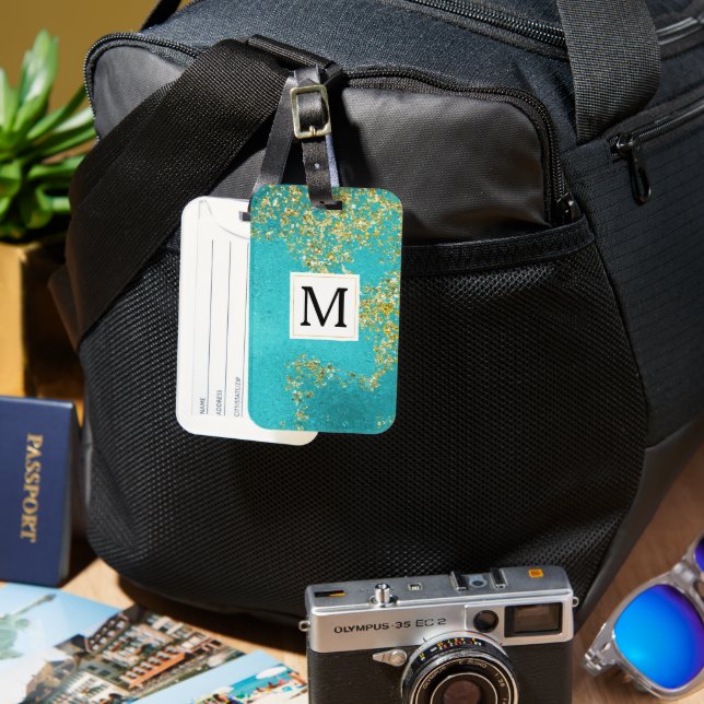 Aqua Gold Falskt Gnistrande Glitter Monogram Bagagebricka (Framsida & Baksida)