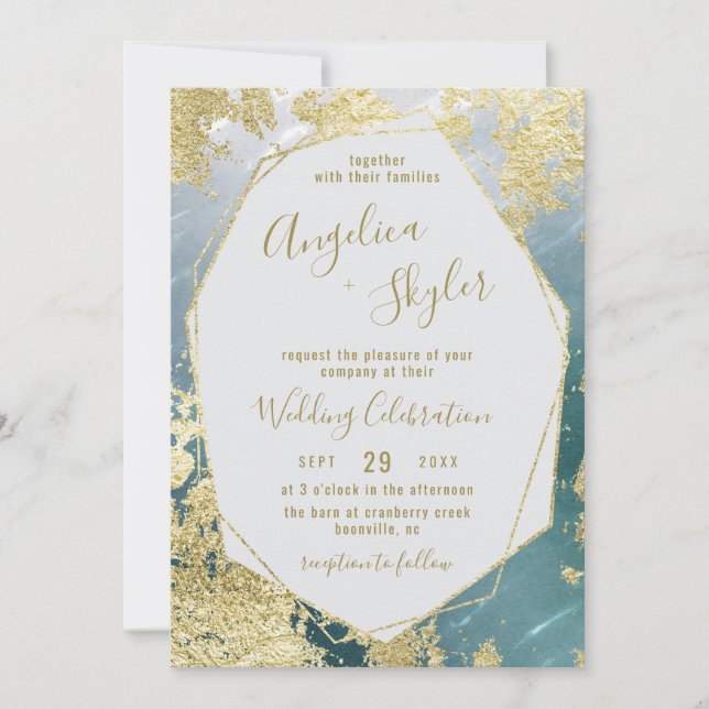 Aqua & Gold Foil Geometric Gem Terrarium Bröllop Inbjudningar (Framsida)