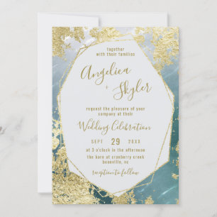 Aqua & Gold Foil Geometric Gem Terrarium Bröllop Inbjudningar