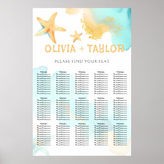 Aqua Gold Vattenfärg Strand Stjärnborre Bröllop Poster