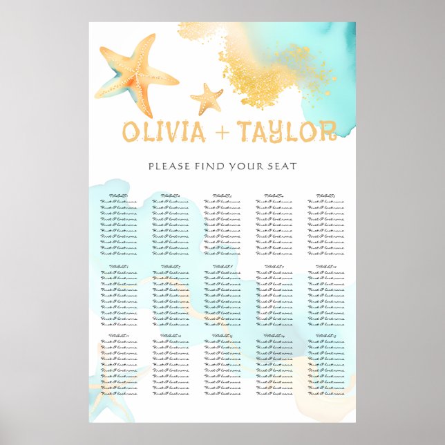Aqua Gold Vattenfärg Strand Stjärnborre Bröllop Poster (Framsidan)