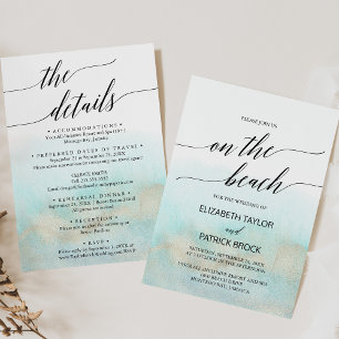 Aqua Gold Watercolor Detaljer På Strandbröllop Inbjudningar