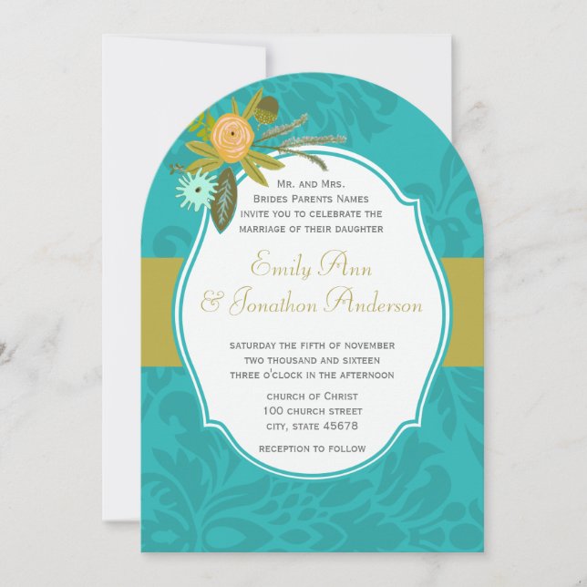 Aqua Golden Lime Chartreuse Damask Wedding Inbjuda Inbjudningar (Framsida)