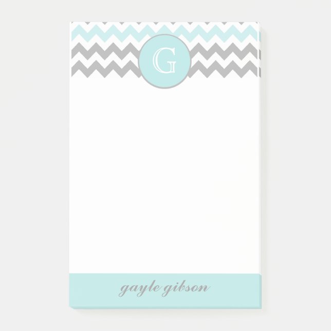 Aqua Grått Chevron Monogram Post it® Notes Post-it Block (Framsida)