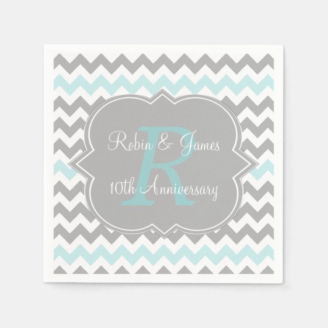 Aqua Grått Chevron-Personlig-årsjubileum Pappersservett (Framsidan)