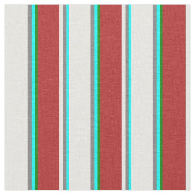 Aqua, Grått, Mint Cream, Red & Grönt Färgad Linjer Tyg (Närbild)