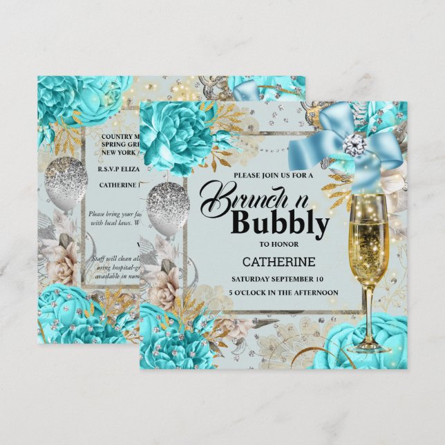 Aqua grått ro shabby chic bubblande glitter inbjudningar (Fram/baksida)