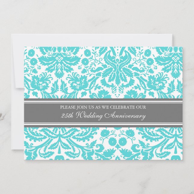 Aqua Gray Damask 25-årsjubileumsinbjudan Inbjudningar (Framsida)