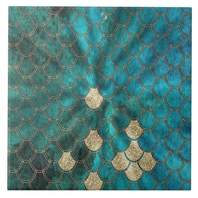 Aqua gröna Mermaidscales med guld- glitter Kakelplatta (Framsidan)