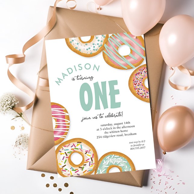 Aqua Grönt 1 Donut Första Födelsedagsfesten Inbjudningar (Skapare uppladdad)
