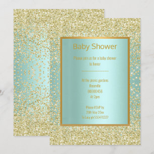 AQUA GRÖNT BLUE DIAMOND GNISTRA GULD BABY SHOWER INBJUDNINGAR
