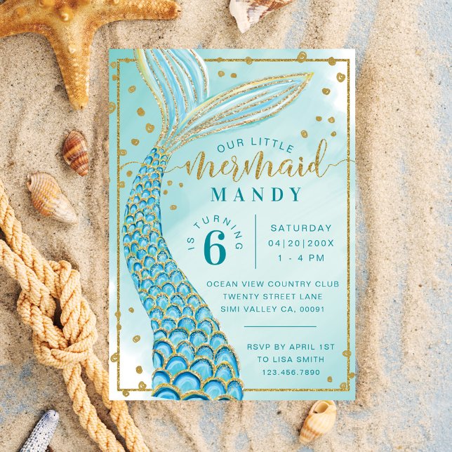Aqua Grönt Guld Little Sjöjungfru Birthday-inbjuda Inbjudningar (Skapare uppladdad)