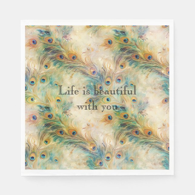 Aqua Grönt Guld Peacock Feathers Pappersservett (Framsidan)