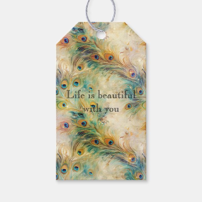 Aqua Grönt Guld Peacock Feathers Presentetikett (Framsidan)