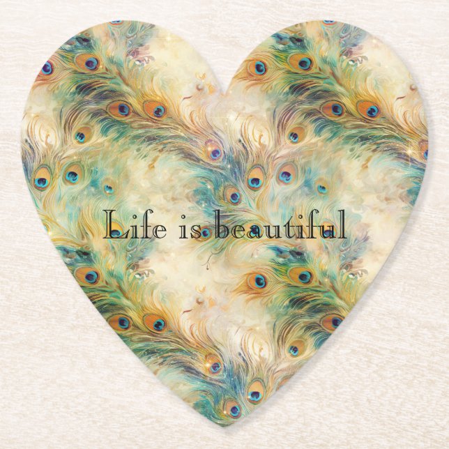 Aqua Grönt Guld Peacock Feathers Underlägg Papper (Framsida)