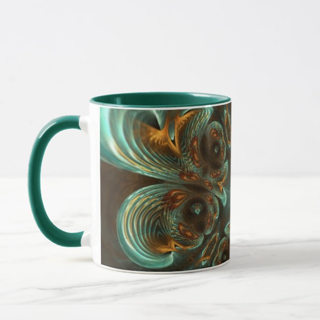 Aqua Grönt & Guld & Spiral Fractal Art Mugg (Vänster)