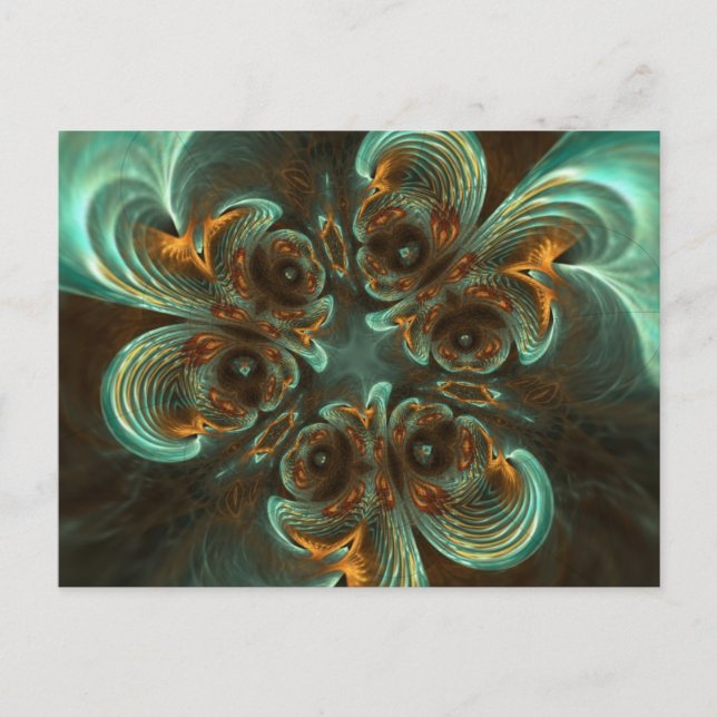 Aqua Grönt & Guld & Spiral Fractal Art Vykort (Framsida)