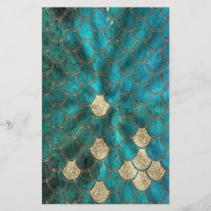 Aqua grönt Mermaidscales med guld glitter Brevpapper