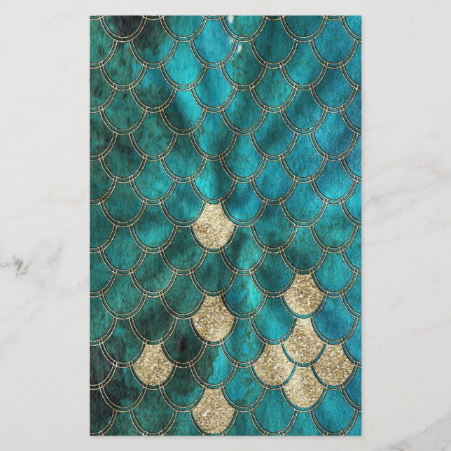 Aqua grönt Mermaidscales med guld glitter Brevpapper (Framsida)