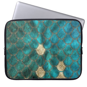 Aqua grönt Mermaidscales med guld glitter Laptop Sleeve