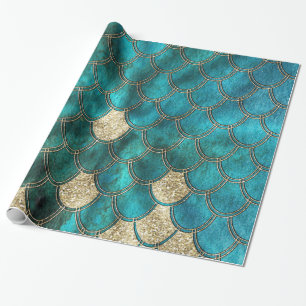 Aqua grönt Mermaidscales med guld glitter Presentpapper