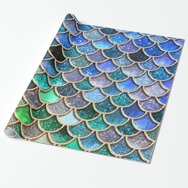 Aqua grönt Mermaidscales Vår Glitter för flickor Presentpapper (Utrullad)
