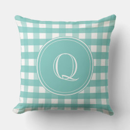 Aqua Grönt och White Gingham Monogram Kudde