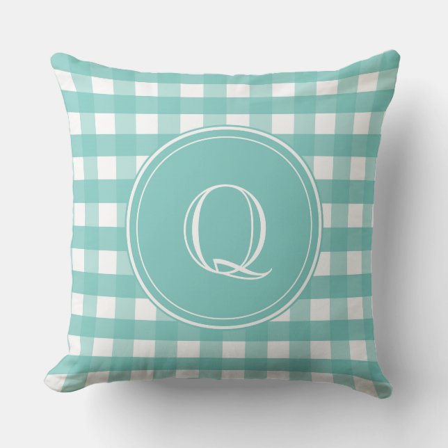 Aqua Grönt och White Gingham Monogram Kudde (Framsida)