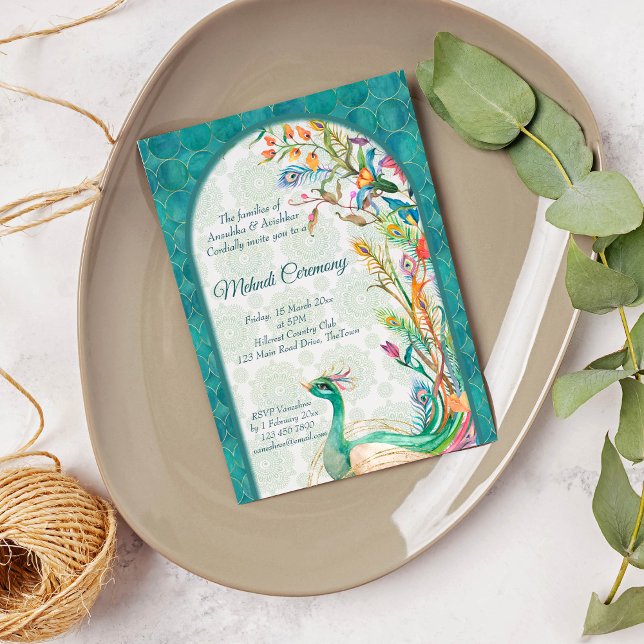 Aqua grönt teal Arabian blommigt peackock mehndi Inbjudningar (Skapare uppladdad)