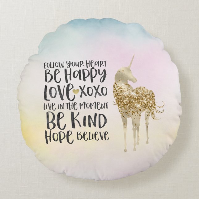 Aqua Gul Rosa Vattenfärg Inspirerande Enhörning Rund Kudde (Framsidan)