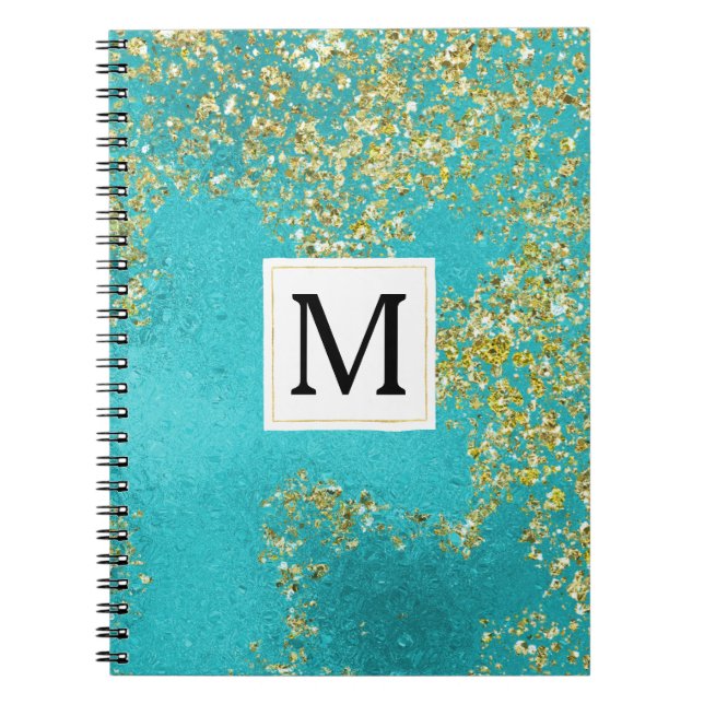 Aqua Guld Falskt Gnistrande Glitter Monogram Anteckningsbok (Framsidan)