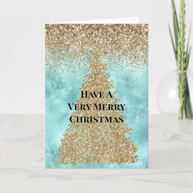 Aqua Guld Glam Glitter Gnistrande Julgran Kort (Framsida)