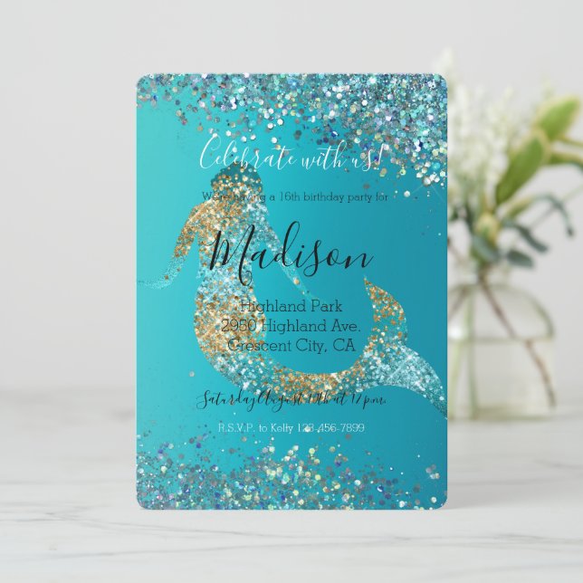 Aqua Guld Glitter Glitter Mermaid Inbjudningar (Stående Fram)