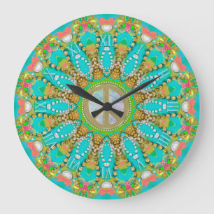 Aqua Guld Groovy Fractal Gems Peace Mandala Stor Klocka