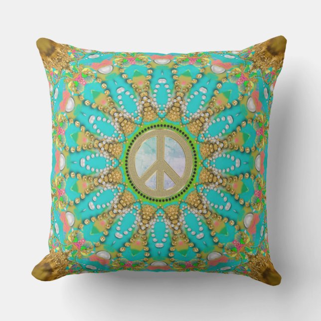 Aqua Guld Groovy Glam Peace Mandala Kudde (Framsida)