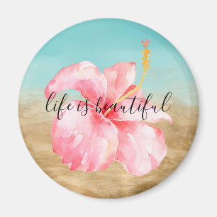 Aqua Guld Marble Rosa Watercolor Hibiscus Flower Magnet