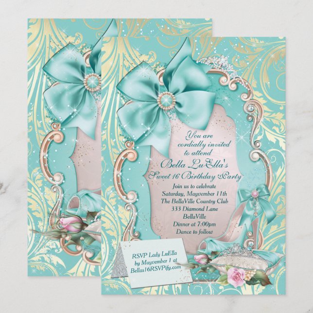 Aqua & Guld Princess Sweet 16:e inbjudan (Fram/baksida)